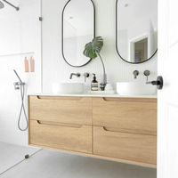 Meuble-lavabo mural flottant sans poignée en chêne neutre, avec tiroirs de rangement et miroir en option pour salles de bain