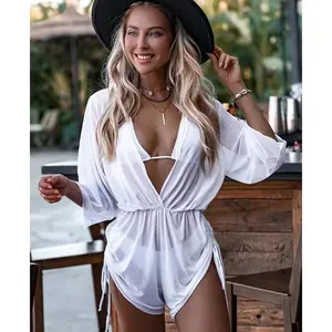 Traje de baño liso de 3 piezas para mujer, conjunto de Bikini transparente de manga larga con pliegues de malla