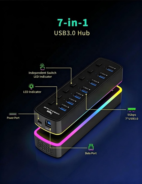 7Port USB 3.0Hub Individual Switches, RGB 5Gbps High Speed USB Splitter Expander with DC 5V Power for Laptop Desktop PC Xbox PS5