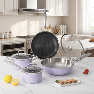 Set di Pentole e Padelle Antiaderenti in Acciaio Inox Color Lavanda, Resistenti e Ibride con Struttura a Nido d'Ape, per <span class=keywords><strong>Chef</strong></span> Professionisti - Product Image 2