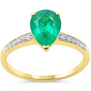 Anillo de Oro Sólido de 14K con Esmeralda Corte Pera y Banda con Acentos de Diamantes, Joyería Fina Elegante para Compromiso/Boda - Product Image 3