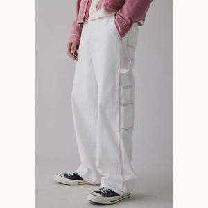 Inverno Desgaste Contraste Vermelho Costura 100% Algodão Branco Denim Utilitário Calças Perna Reta Meados Ascensão Cintura Solta Fit Carpenter <span class=keywords><strong>Jeans</strong></span> - Product Image 2