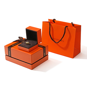Custom Logo <b>Orange</b> Cardboard Jewelry Packaging Gift Box with Ribbon for Necklace Ring Earrings Bracelet - Product Image 1