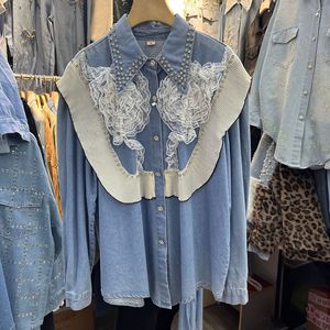 GX-2026 Nuova Camicetta in Denim <span class=keywords><strong>Blu</strong></span> Stile Francese con Sovrapposizione in <span class=keywords><strong>Pizzo</strong></span> - Camicetta Elegante - Product Image 1