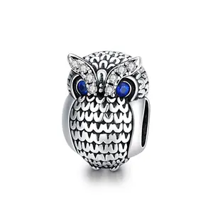 925 Sterling Silver Biru Zirkon Manik-manik Hewan Burung Hantu Pesona Fit Asli Gelang Kalung Liontin DIY Membuat Perhiasan