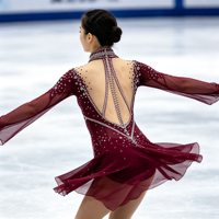 Robe de patinage artistique bordeaux à strass, col montant, dos évidé, manches longues, en maille, pour compétition de patinage sur glace, personnalisable