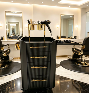 Luxury Black Gold Salon Station with LED Mirror Wall Mounted Barber Styling Desk with Rolling Trolley Cabinet Combo for Hairdres - Product Image 6