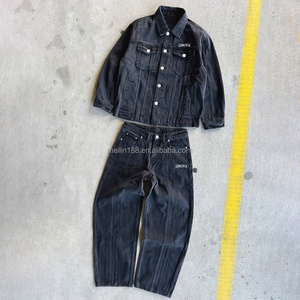 Fashion Casual Streetwear <b>Jeans</b> Suit Custom 2 Piece High Quality Acid Wash <b>Jeans</b> Pants and Denim <b>Jackets</b> <b>Black</b> Denim Set for Men - Product Image 1