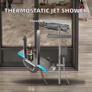 Robinet de salle de bain moderne en aluminium brossé carré réglable avec thermostat, double poignée, jet pressurisé et douche pluie douce - Product Image 2