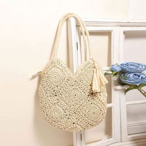Sac de plage tressé en paille à grande capacité pour femme, avec fermeture éclair et pompon ajouré, vente en gros d'usine - Product Image 3