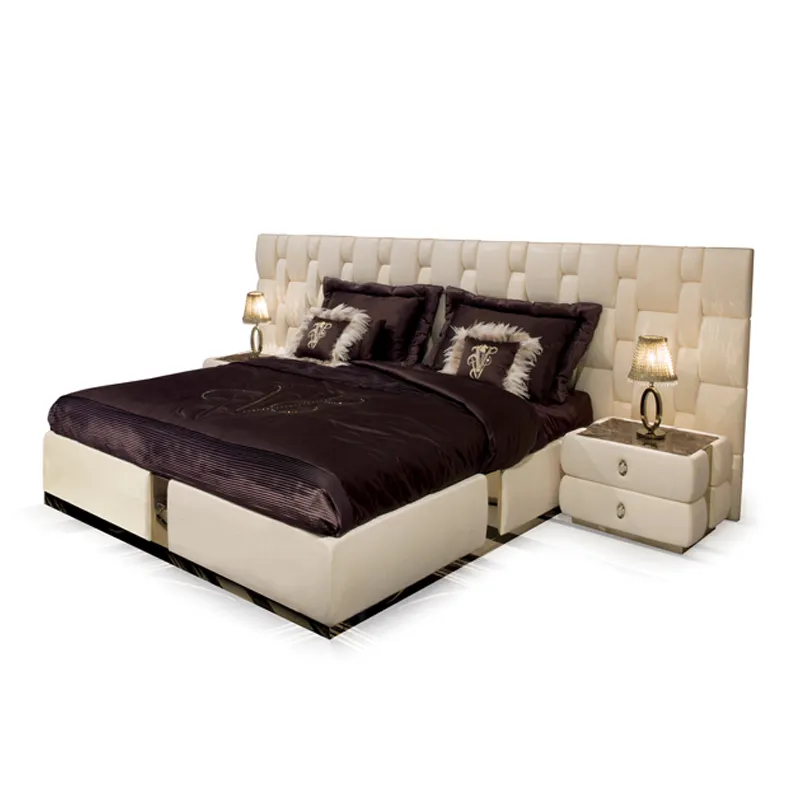 İtalyan lüks yatak odası yatak mobilya yüksek kaliteli deri yatak beyaz başlık kraliçe yatak