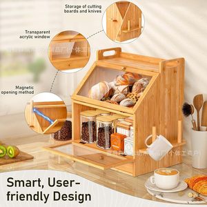 Bamboo Bread <b>Storage</b> <b>Box</b> With Glass Door Multi Layer Kitchen Bread <b>Bin</b> Large Capacity Wood Material - Product Image 2