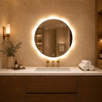 Miroir de salle de bain intelligent en verre rond moderne en forme de lune avec interrupteur tactile, éclairage LED anti-buée, design mural flottant pour le maquillage