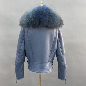 Popular Design Shearling Leather <strong>Jacket</strong> Fashion Huge Raccoon Fur Collar <strong>Sheepskin</strong> Leather <strong>Jacket</strong> - Product Image 6