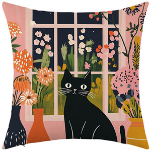 Funda de almohada cuadrada con diseño de gato negro, funda de cojín lavable con patrón de dibujos animados bohemios para decoración de sofá de sala de estar - Product Image 2