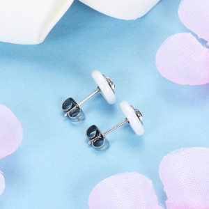 <b>Stud</b> Earrings 9mm Round Zircon Inlaid <b>Titanium</b> Steel Black White Ceramic For Women Daily Wear - Product Image 2