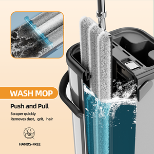 Mopa Plana Negra de Alta Calidad para Limpieza del Hogar, Manos Libres, con Cubeta de Acero Inoxidable - Product Image 3