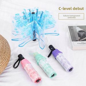 Parapluie pliant manuel en PVC transparent motif Sakura, personnalisable pour femmes, idéal soleil et pluie, vente en gros - Product Image 4