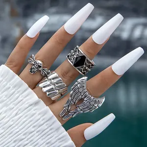 YG-08批发时尚男女通用指环套装饰品4pcs几何骷髅翼银合金戒指套装
