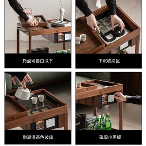 Walnut Wood Movable Double Layer Coffee <b>Table</b> Storage Cart Living Room <b>Side</b> <b>Table</b> With Wheels - Product Image 5