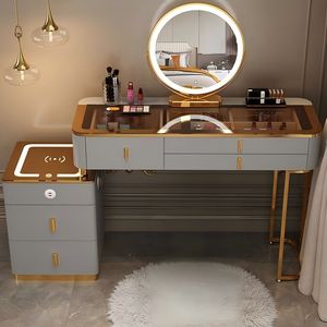 Luxury Nordic Style Solid Wood Multi-Functional Smart Makeup Vanity Wireless Charging Bedroom <strong>Dressing</strong> <strong>Table</strong> with LED Mirror - Product Image 5