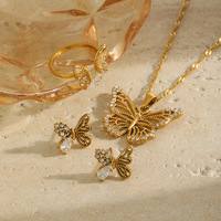 Parure bijoux femme papillon zircon, ensemble collier bague boucle oreille acier inoxydable plaqué or 18K