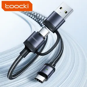 Toocki kabel data pengisi daya usb 2 in 1, kabel data pengisi daya usb 1.5M pegas bahan Aloi aluminium dengan lampu led untuk ponsel