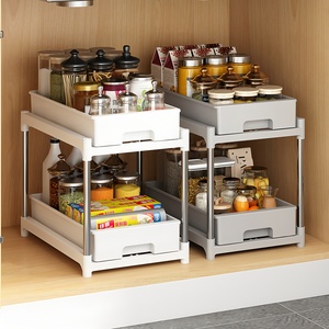 Étagère à épices coulissante à 2 niveaux avec <span class=keywords><strong>tiroir</strong></span>, rangement <span class=keywords><strong>sous</strong></span> l'<span class=keywords><strong>évier</strong></span> et sur le comptoir pour les épices, les bouteilles et les articles de garde-manger - Product Image 2