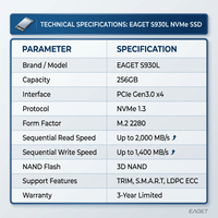 قرص صلب داخلي Eaget S930L بسعة 256 جيجابايت NVMe M.2 SSD PCIe Gen3.0 X4 2280 بسرعة تصل إلى 1990 ميجابايت/ثانية بتقنية 3D NAND TLC لأجهزة الكمبيوتر المحمولة والمكتبية