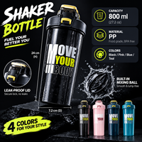 Bouteille d'eau de sport grande capacité 800 ml avec shaker, sans BPA, bec en silicone, poignée dissimulée, marques graduées, logo personnalisé, vente en gros OEM