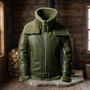 Chaqueta de Motociclista de Cuero Genuino Verde Oliva para Hombre, Forrada con Sherpa, Abrigo de Invierno para Motociclista con Cremallera y Cinturón - Product Image 4