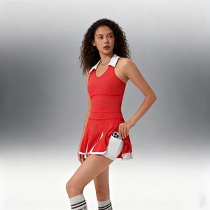 Conjunto de 2 piezas de tenis de golf con logotipo personalizado para mujer, cuello de polo con bloqueo de color en V, Falda plisada, logotipos de cintura delantera transpirables - Product Image 2