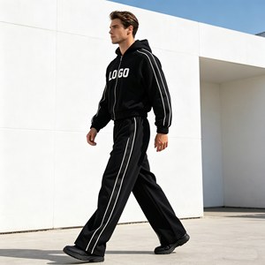 ชุดเซ็ตฮู้ดดี้ทรงแบ็กกี้แบบครอปสำหรับผู้ชาย ปักลาย 3 มิติ ล้างสีแบบแอซิด สเปรย์ลายลิงประดับเพชร 580GSM ชุดฮู้ดดี้มีซิปและกางเกงสำหรับผู้ชาย - Product Image 2