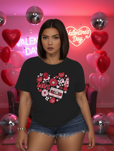 Camiseta Retro de San Valentín para Mujer, Talla Grande, Estilo Años 80, Negra, Manga Corta, Cuello Redondo, Estampado de Corazón Rojo XOXO, Algodón Suave, Informal - Product Image 2