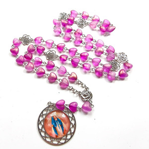 Collana Rosario con Perline in Lega Rosa, Ciondoli a Cuore Rosa, Grani dei Sette Dolori, Miracolosi Cuori della Vergine Maria per Bambine Cattoliche - Product Image 2