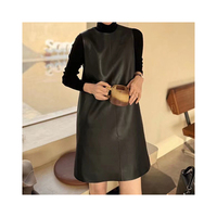 31150 printemps automne à la mode O cou Style droit court noir robe en cuir véritable pour les femmes