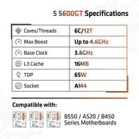 Processeur authentique R5 5600GT Zen3, 16 Mo de cache, prise en charge DDR4, overclocking débloqué pour PC de jeu ou de bureau économique