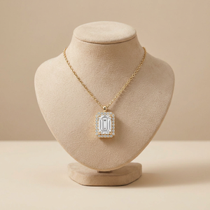 Gold Lab Grown Diamond <b>Emerald</b> Cut Halo <b>Pendant</b> Necklace Fine Minimalist Jewelry Gift For Women Elegant Charm - Product Image 2