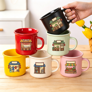 Cangkir Espresso 10oz Merah Kuning Putih Keramik Mug Kopi Porselen Cangkir Susu Teh Jus Serbaguna untuk Anak-anak Hijau Set isi 4 - Product Image 1