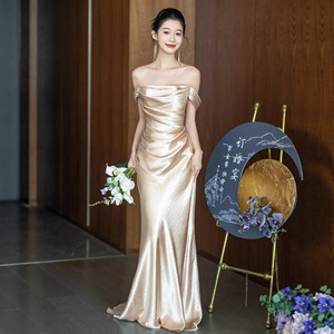 Champagne Strapless Evening Gown Natural Waistline For Engagements Weddings Banquets And Morning Events - Product Image 1