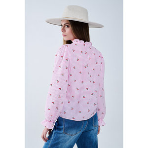 Blusa in stile romantico con stampa a quadri rosa a maniche lunghe con dettagli in ciliegio e fiocco legato - Product Image 3