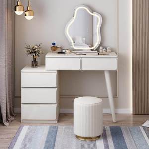All Solid OAK Wood Modern Nordic Cloud Mirror <strong>Dressing</strong> <strong>Table</strong> Cabinet Integrated Retractable <strong>Small</strong> Apartment Household Log <strong>Stool</strong> - Product Image 4