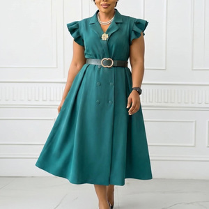 D3365 Abiti Estivi Trendy da Donna, Eleganti e Casual con Colletto a Giacca, <span class=keywords><strong>Doppiopetto</strong></span>, Stile Africano con Cintura per Ufficio - Product Image 4