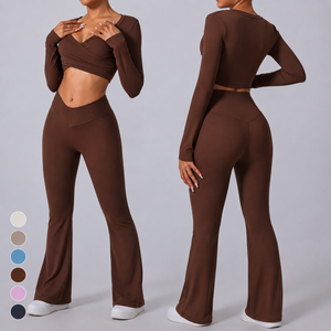 Conjunto de Yoga Personalizado com Logo, 3 Peças: Top Cropped de Manga Longa, Calças Flare de Cintura V e Shorts, Conjunto de Roupas para Treino - Product Image 2