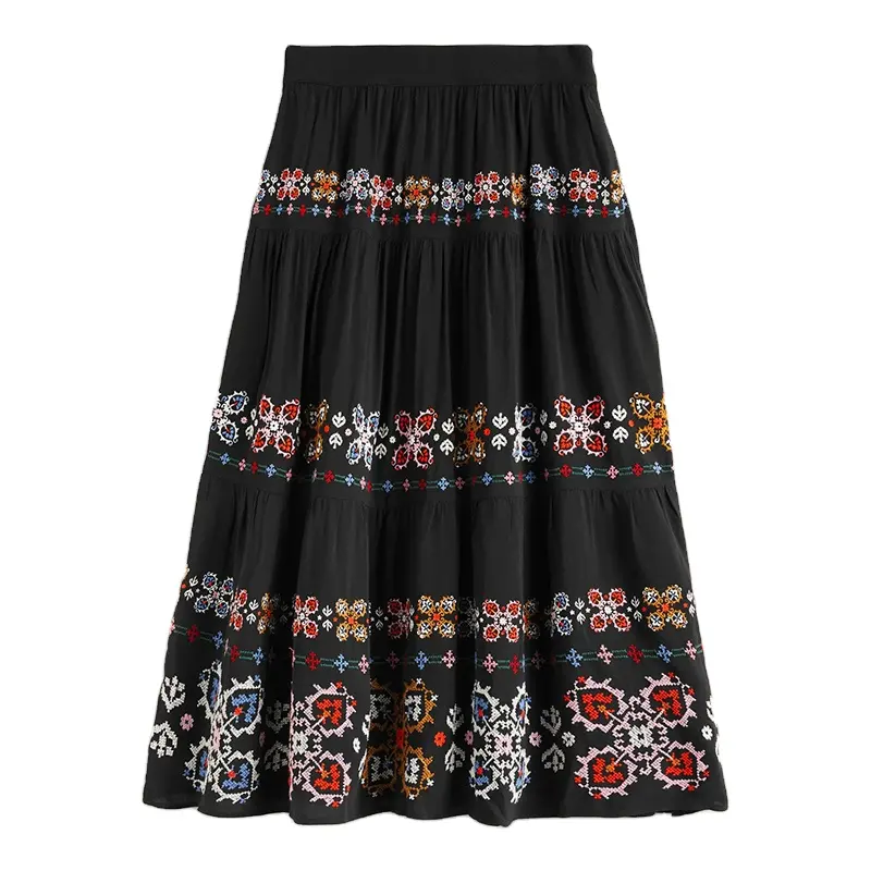 OEM महिलाओं शरद ऋतु विस्कोस मिडी स्कर्ट पक्ष जेब ज्यामितीय कशीदाकारी स्तरीय स्कर्ट STK9067A