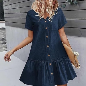 Women's Loose Summer Cotton Linen Ruffle Hem Casual Short Sleeve Buckle Dresses Fashion - Product Image 6
