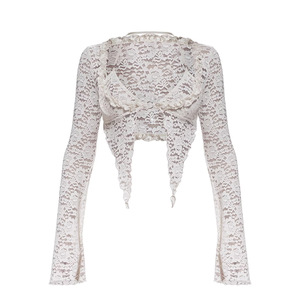 Lace Hollow False Two-piece Long-sleeved Top High Waisted Shorts Women's <b>Sexy</b> 2-piece <b>Set</b> Fashion - Product Image 4