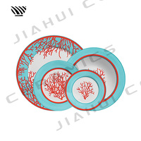 Embrace Oceanic Esthétique Assiettes à dîner en porcelaine-Motifs de corail rouge vif sur toile bleue-blanche