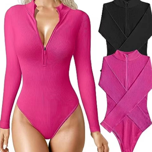 All'ingrosso elegante da <span class=keywords><strong>donna</strong></span> a maniche lunghe pagliaccetto con cerniera anteriore Top Shaper <span class=keywords><strong>body</strong></span> per palestra Fitness Yoga Logo personalizzato accettato - Product Image 1