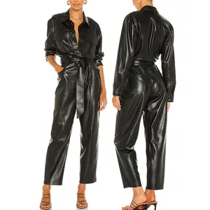 Latest Stylish Fashion Cool Long Sleeves Autumn Winter Faux Leather Solid Black Women One Piece Jumpsuits